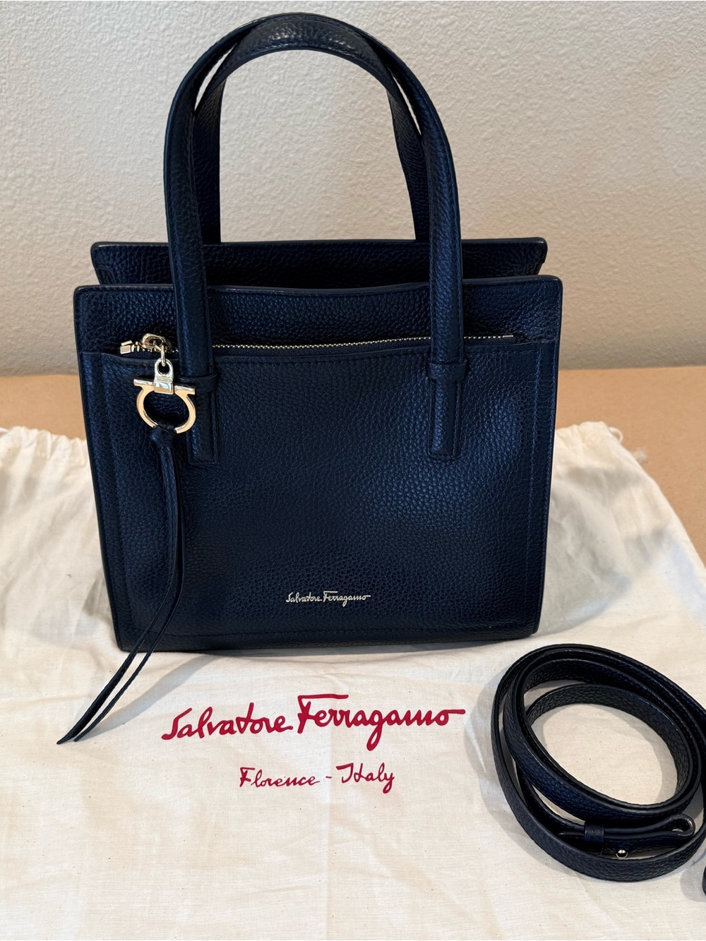 Salvatore Ferragamo Amy Tote Pebbled Leather Small Black